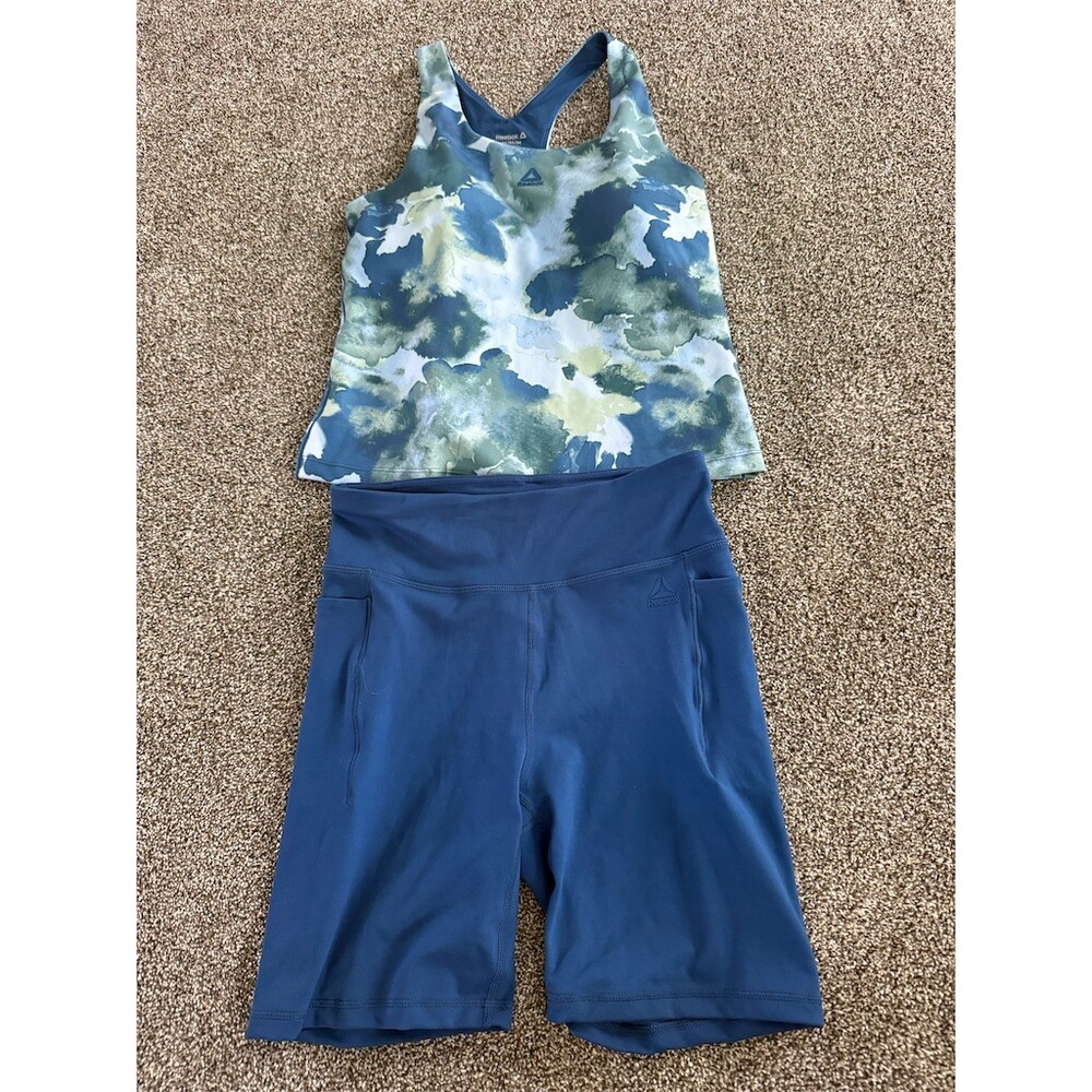 Reebok Workout Set Womens M Blue Move Bra Tank Top + High Rise Bike Shorts